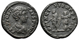 (Bronze.Geta AD 198-211 AE Limes Denarius Rome
bare-headed and draped bust to right
Rev: Geta standing left, holding baton and sceptre; trophy of arms...
