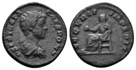 (Bronze.2.54g 18mm) Geta AD 198-211 AE Limes Denarius Rome
Bareheaded, draped and cuirassed bust right.
Rev: Securitas seated left on throne, holding ...