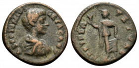 (Bronze.3.19g 19mm) Geta AD 198-211 AE Limes Denarius Rome
Bust of Geta, right;
Rev: Spes advancing left, holding flower and raising hem of skirt.