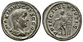 (Silver 3.77g 21mm) Maximus. Caesar, AD 235/6-238. AR Denarius Rome mint. 3rd emission, AD 236-237. 
bare-headed and draped bust right
Rev: Maximus, i...