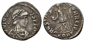(Silver. 1.25g 17mm) JOVINUS. 411-413 AD. AR Siliqua Arelate (Arles) mint. 
Pearl-diademed, draped, and cuirassed bust right
Rev: Roma seated left on ...