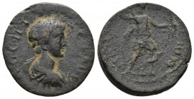 (Bronze.5.58g 22mm) ARCADIA, Mantineia. Geta. As Caesar, AD 198-209 AE 
 Bare-headed and draped bust right, 
Rev: Artemis standing slightly left, head...