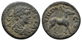 (Bronze. 2.69g 17mm) Aeolis.Temnos. Geta. As Caesar, AD 198-209
Draped and cuirassed bust right
Rev: Stag standing right
Mionnet Supp VI,269