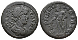 (Bronze. 4.54g 21mm) LYDIA, Thyateira. Geta. As Caesar, AD 198-209
Laureate, draped, and cuirassed bust right
Rev: Apollo standing facing, head left, ...
