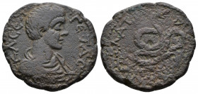 (Bronze. 8.55g 26mm) MOESIA INFERIOR. Callatis. Geta (209-212). Ae 
Bareheaded, draped, and cuirassed bust right.
Serpent Glycon coiled right; Δ in fi...