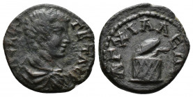 (Bronze.2.55g 17mm) THRACE. Anchialus. Geta (Caesar, 198-209). Ae
Bareheaded, draped and cuirassed bust right.
Rev: Cista Misticia
Varbanov 432