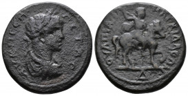 (Bronze 13.59g 30mm) Thrace. Anchialos. Geta AD 198-211 AE
laureate head to right 
Rev: Emperor in military dress, on horseback rididng right, holding...