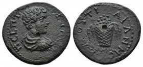(Bronze.2.94g 20mm) Thrace. Augusta Trajana. Geta, as Caesar AD 198-209.AE
bare-headed, draped and cuirassed bust right
Rev: basket full with fruits.
...