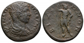 (Bronze.13.05g 30mm) THRACE, Bizya. Geta. AD 209-211.AE 
Laureate, draped, and cuirassed bust right
Rev: Ares standing facing, head right, holding spe...