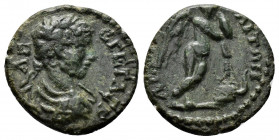(Bronze 2.74g 18mm) THRACE. Anchialus. Geta (Caesar, 198-209). Ae.
Bareheaded, draped and cuirassed bust right.
Rev: Winged Genius standing facing, le...
