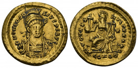 (Gold, 4.48gr 21mm) Theodosius II. (AD 402-450). AV solidus Constantinople. 
Helmeted, diademed and cuirassed facing bust of Theodosius, head turned s...