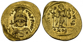 (Gold, 4.52gr 21mm) MAURICE TIBERIUS. 582-602 AD. AV Solidus Constantinople mint.
Diademed, helmeted, and cuirassed facing bust, holding globus crucig...