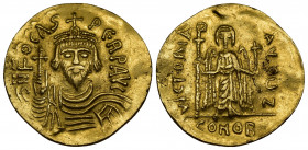 (Gold, 4.49gr 22mm) Focas, 602 – 610 Solidus circa 602-603, AV 
Draped and cuirassed bust facing, wearing crown with pendilia surmounted by cross and ...