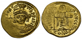 (Gold, 4.48gr 22mm) MAURICE TIBERIUS. 582-602 AD. AV Solidus Constantinople mint. Struck 583-601 AD. 
Helmeted and cuirassed facing bust, holding glob...