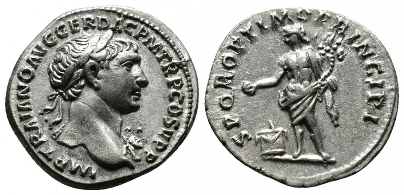 (Silver, 3.01gr 19mm) Trajan. AD 98-117. AR Denarius. 
Laureate bust right, aegi...