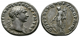 (Silver, 3.27gr 18mm) Trajan, 98-117. Rome Denarius, AR
Laureate bust right with aegis 
Rev. COS V PP SPQR OPTIMO PRINC, Fortune standing left with co...