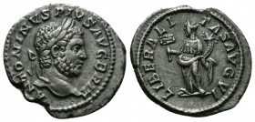 (Silver, 1.97 gr 19mm) Caracalla AR Denarius. Rome, AD 210-213. 
 laureate head right 
Rev.Liberalitas standing left, holding abacus and cornucopiae, ...