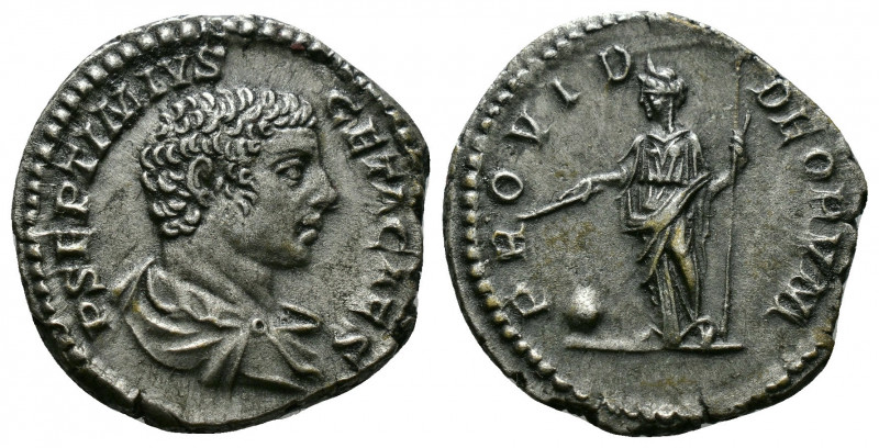 (Silver, 3.34 gr 21mm) Geta, as Caesar, 198 - 209 AD Denarius, Rome 
 Draped and...