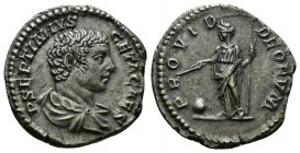 (Silver, 3.34 gr 21mm) Geta, as Caesar, 198 - 209 AD Denarius, Rome 
 Draped and cuirassed bust of Geta right.
Rev. Providentia standing left holding ...