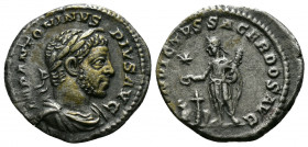 (Silver, 2.73 gr 20mm) Elagabalus (218-222 AD). AR Denarius Roma. 
 Laureate and draped bust right, horned.
Rev. Elagabalus standing left, sacrificing...