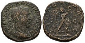 (Bronze, 17.20gr 28mm) Philippus Arabs AD 244-249. Rome Sesterius AE.
laureate, draped and cuirassed bust right 
Rev.Victory running right, holding wr...