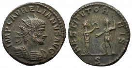 (Bronze, 4.05gr 23mm) AURELIAN. 270-275 AD. Antoninianus  Serdica mint. Radiate and cuirassed bust right,
Re:Aurelian standing right, receiving globe...