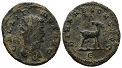 (Bronze, 3.26gr 23mm) Gallienus. A.D. 253-268. AE antoninianus Rome mint, A.D. 267/8. 
 Radiate head of Gallienus right 
Rev. stag standing right 
 RI...