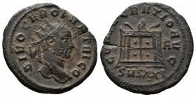 (Bronze, 2.70gr 23mm) Divus Carus AD 285. Siscia Antoninianus AE 
 radiate head right 
Rev. altar; A in right field, SMSXXI in exergue. 
 RIC 110.