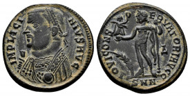 (Bronze, 2.99gr 20mm) Licinius I. AD 308-324. AE Follis. Nicomedia mint, 1st officina. Struck AD 317-320.
 Laureate and draped bust left, holding mapp...