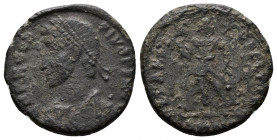 (Bronze, 2.65gr 20mm) Procopius AD 365-366. Heraclea Follis AE
pearl diademed, draped, cuirassed bust left
Rev: Procopius standing facing, head right,...