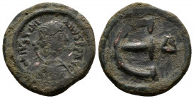 Bronze, 3.84gr 20mm) Justinian I (527-565). AE 5 Nummi. Theoupolis (Antioch), 529-539.
 Diademed and draped bust right. 
Rev.Large E right Δ
 MIBE 141...