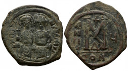 Bronze, 12.44gr 31mm) Justin II and Sophia (565-578 AD) Constantinople AE
Justin and Sophia, both nimbate, enthroned facing.
Rev: Large M, Cho-Rho abo...