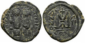 Bronze, 14.15gr 31mm) Justin II and Sophia 565-578 AD, (dated RY 7=571/2 AD). Constantinople, Follis AE 
Justin left and Sophia right, seated facing o...