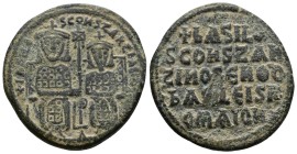 (Bronze, 7.83gr 27mm) Basil I, the Macedonian. 867-886. AE Follis Constantinople mint, 867-876.
Basil, crowned, bearded and wearing loros on left and...