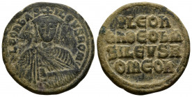 (Bronze, 9.50gr 27mm) Leo VI Ae Nummus. Constantinople, AD 886-912. 
+ LEON bASILEVS ROM, crowned facing bust, holding akakia 
Rev.+ LEOn/En ΘΕΟ bA/SI...