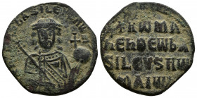 (Bronze, 5.33gr 25mm) Romanus I Lecapenus AD 920-944. Constantinople Follis AE 
 crowned, bearded, facing bust of Romanus, wearing chlamys, holding la...