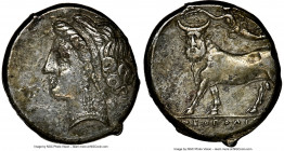 CAMPANIA. Neapolis. Ca. 4th century BC. AR didrachm (20mm, 7.33 gm, 1h). NGC Choice XF 4/5 - 3/5, Fine Style Head of nymph left, wearing broad, beaded...