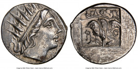 CARIAN ISLANDS. Rhodes. Ca. 88-84 BC. AR drachm (15mm, 5h). NGC Choice AU. Plinthophoric standard, Philostratus, magistrate. Radiate head of Helios ri...