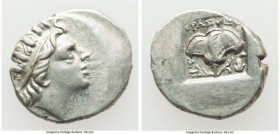 CARIAN ISLANDS. Rhodes. Ca. 88-84 BC. AR drachm (15mm, 2.25 gm, 10h). VF. Plinthophoric standard, Thrasymedes, magistrate. Radiate head of Helios righ...