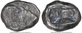 LYDIAN KINGDOM. Croesus (561-546 BC). AR third-stater (12mm). NGC Choice VF. Confronted foreparts of lion left facing right, and bull right facing lef...