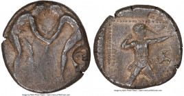 PAMPHYLIA. Aspendus. Ca. 380-250 BC. AR stater (22mm, 4h). NGC XF, countermarks. Two wrestlers grappling; dotted circular border / Slinger striding to...