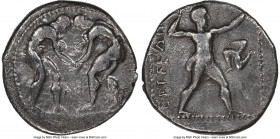 PAMPHYLIA. Aspendus. Ca. 380-250 BC. AR stater (22mm, 12h). NGC Choice Fine, brushed. Two wrestlers grappling; ΑΦ between / EΣTFEΔIIYΣ, slinger stridi...