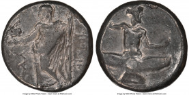 CILICIA. Mallus. Tiribazus (ca. 388-380 BC). AR stater (20mm, 2h). NGC Choice Fine. MAP (Greek) / TRYBZW (Aramaic), Baal, nude to waist, standing left...