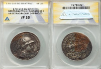 BACTRIAN KINGDOM. Eucratides I the Great (ca. 170-145 BC). AR tetradrachm (35mm, 12h). ANACS VF 35, corroded. Draped and cuirassed bust of Eucratides ...