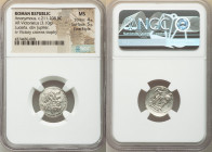 Anonymous. Ca. 211-208 BC. AR victoriatus (17mm, 3.10 gm, 1h). NGC MS 4/5 - 5/5, Fine Style. Luceria. Laureate head of Jupiter right, bead-and-reel bo...