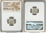 Anonymous. Ca. 211-208 BC. AR victoriatus (17mm, 4h). NGC MS. Uncertain mint. Laureate head of Jupiter right / Victory standing right, crowning trophy...