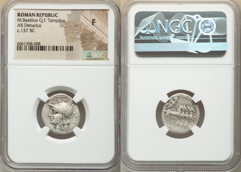 M. Baebius Q.f. Tampilus (ca. 137 BC). AR denarius (19mm, 1h). NGC Fine. Rome. T...