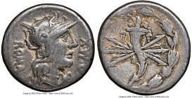 Q. Fabius Maximus (ca. 127 BC). AR denarius (18mm, 4h). NGC VF. Rome. Q•MAX-ROMA, head of Roma right, wearing winged helmet decorated with griffin cre...
