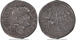 Q. Fabius Labeo (ca. 124 BC). AR denarius (18mm, 12h). NGC XF, edge chips, marks. Rome. LABEO-ROMA, head of Roma right, wearing pendant earring, neckl...