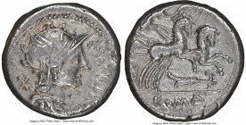 M. Cipius M. f. (ca. 115-114 BC). AR denarius (16mm, 3.76 gm, 9h). NGC Choice VF 4/5 - 2/5, scratches. Rome. Helmeted head of Roma right / Victory in ...